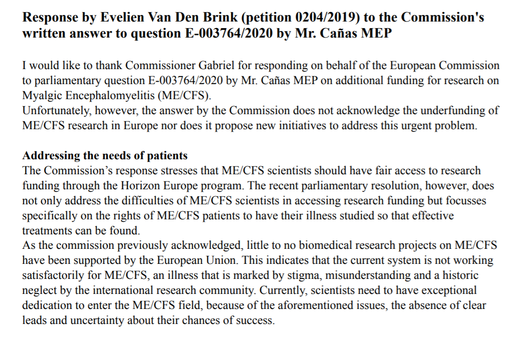 Response by Evelien Van Den Brink to the EU Commission’s answer to parliamentary questions on ME/CFS research. 